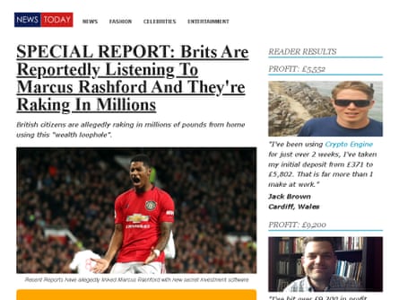 Screengrab of a web page featuring a news story on Marcus Rashford